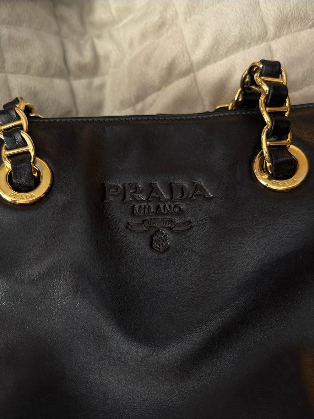 PRADA Black Leather Shoulder Bag w/Leather & Gold Chain Straps & 3 Large Pockets - Picture 11 of 13
